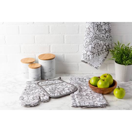 DII® Gray Damask Oven Mitt & Potholder Set